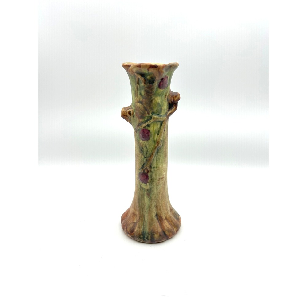 Weller Woodcraft Tree Trunk Vase with Red Cherries 8.5" Antique Art Pottery - Picture 3 of 6